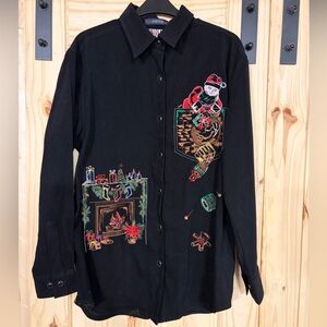 Vintage 90s Bill Blass Jeans Stretch Embroidered Christmas Holiday Santa Shirt M